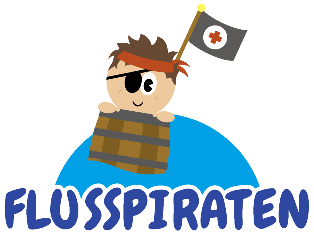 Logo der Flusspiraten. Ein Junge mit einer Augenklappe, sitzt in einem Fass, das auf einer Welle schwimmt.