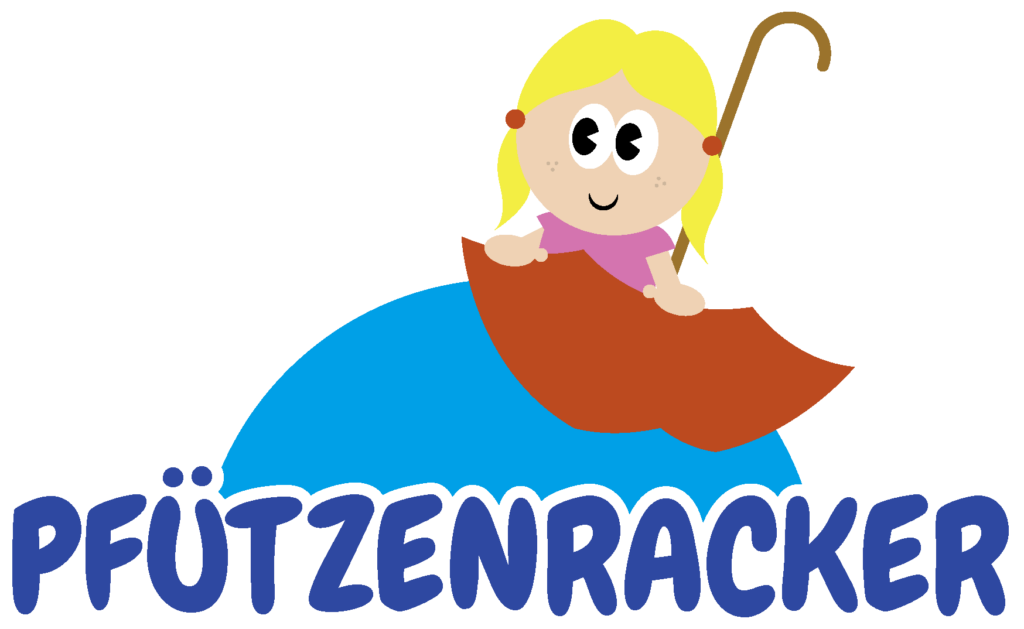 Logo der Pfützenracker. Ein Mädchen mit zwei blonden Zöpfen, sitzt in einem umgedrehten Regenschirm, das auf einer Welle schwimmt.