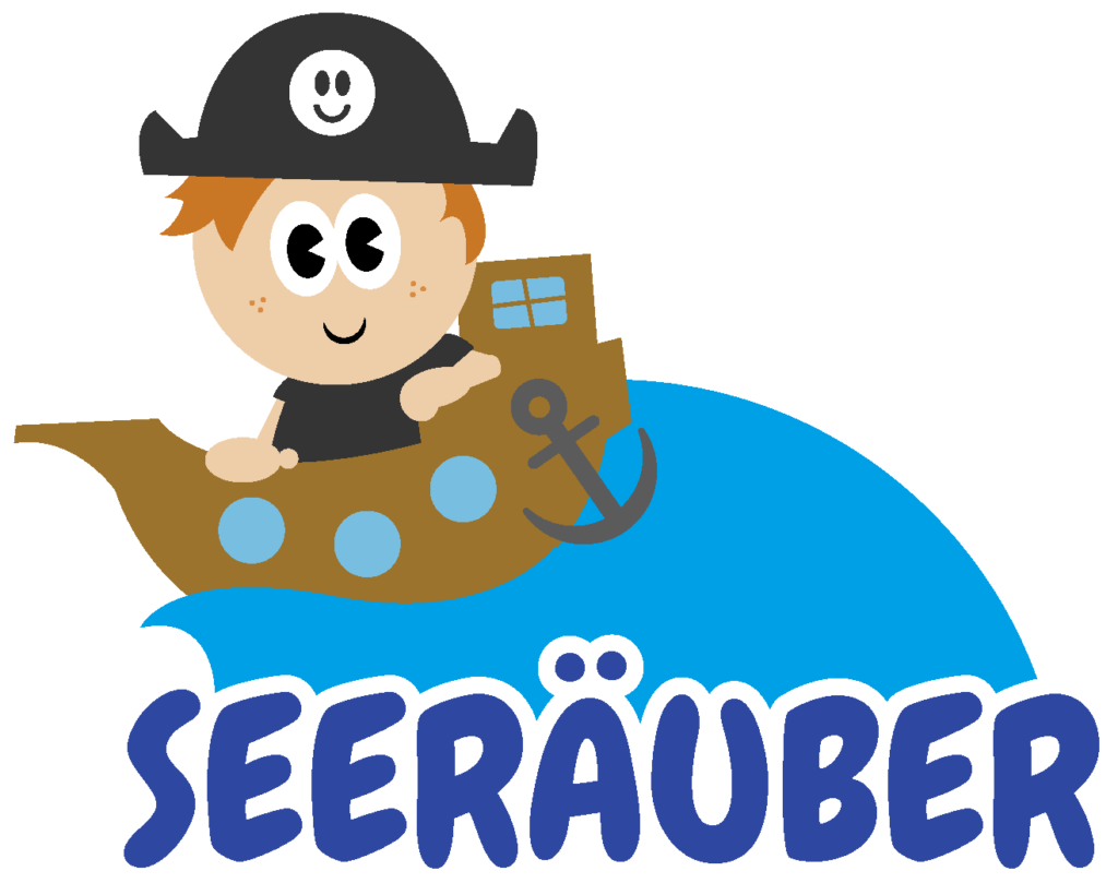 Logo der Seeräuber. Ein Junge mit einem schwarzen Hut, auf dem ein lächelnder Smiley zu sehen ist, sitzt in einem Boot, das auf einer Welle schwimmt.