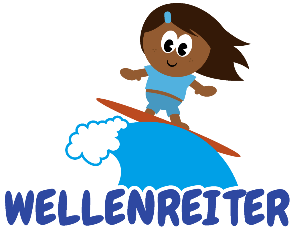 Logo der Wellenreiter. Ein Mädchen mit dunklen Haaren, steht auf eine Surfbrett und reitet auf einer Welle.